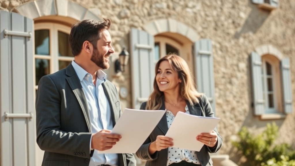 Couple souriant devant une maison provençale avec agent immobilier