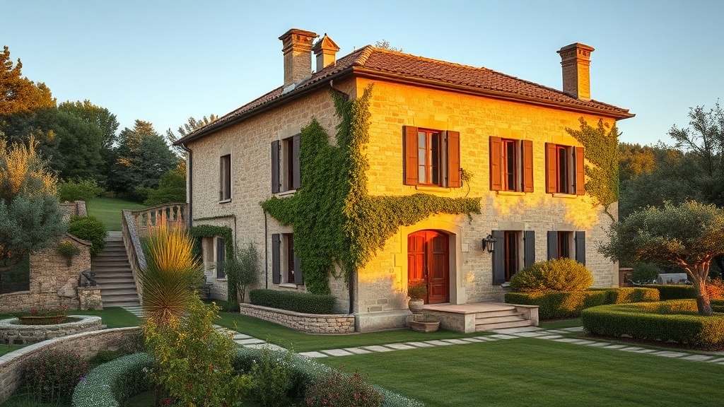 Maison en pierre traditionnelle avec jardin dans la campagne aixoise au coucher du soleil
