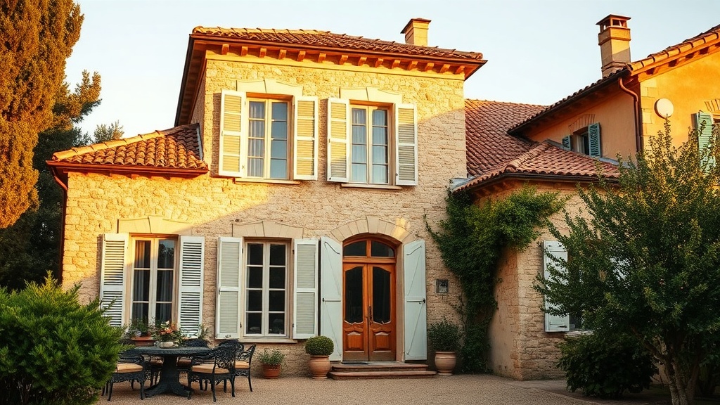 Maison en pierre avec volets provençaux et toit en tuiles à Aix-en-Provence au coucher du soleil