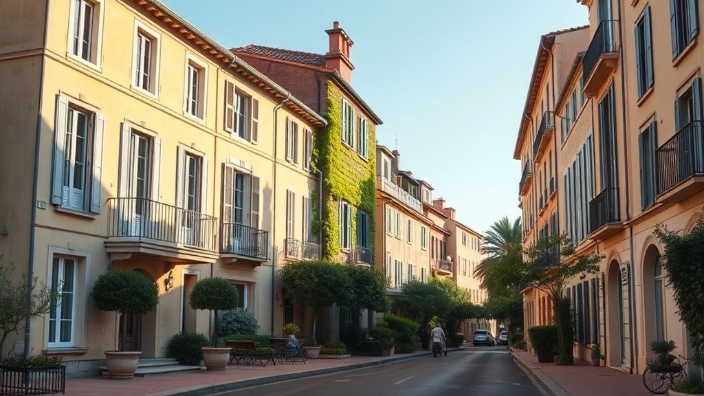 Rue résidentielle avec villas provençales à Aix-en-Provence sous une lumière douce du matin